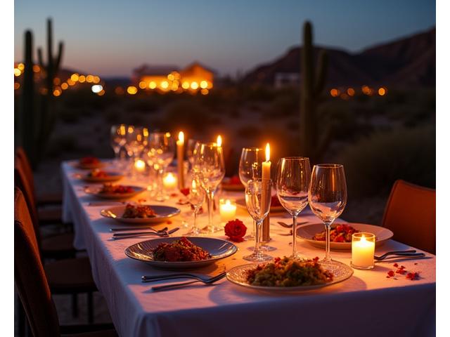 Elegant outdoor dining setup in the desert with candlelight and fine cuisine